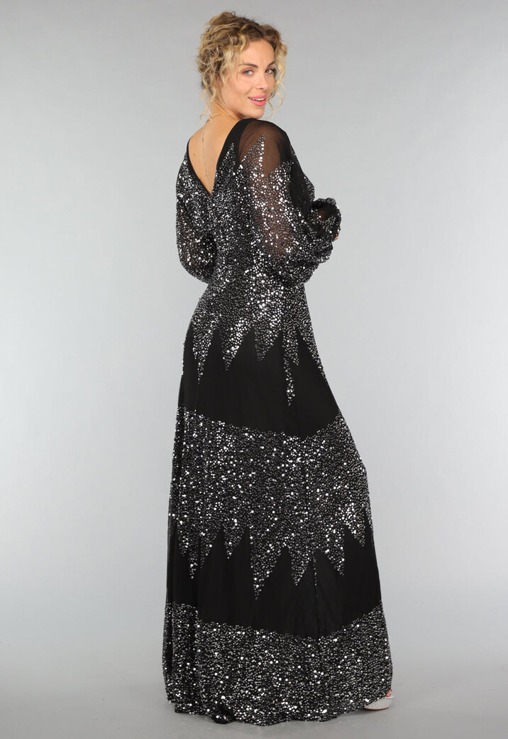 Lange Zwarte Mesh Galajurk met Pailletten en Split