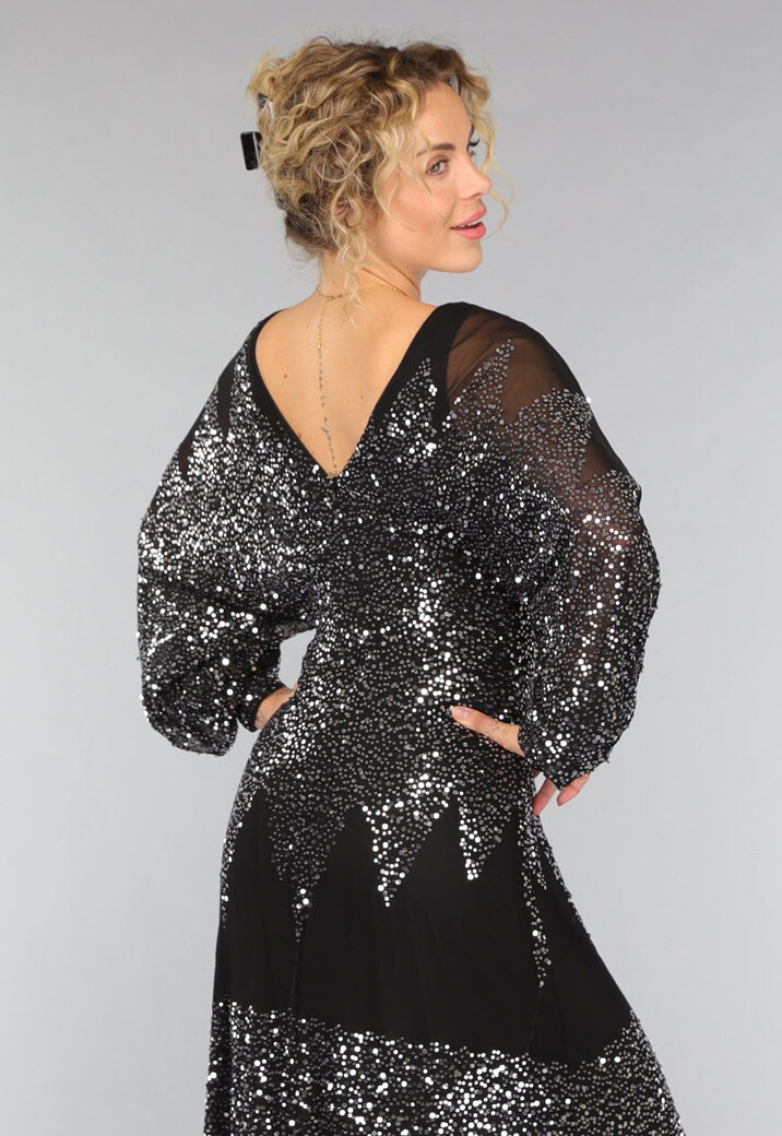 Lange Zwarte Mesh Galajurk met Pailletten en Split