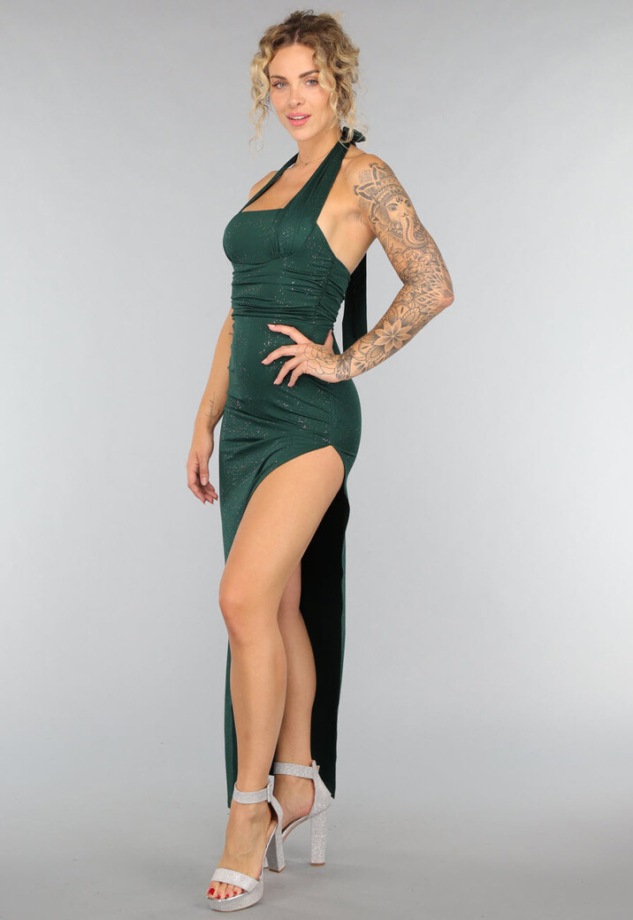 Donkergroene Glitter Galajurk met Split