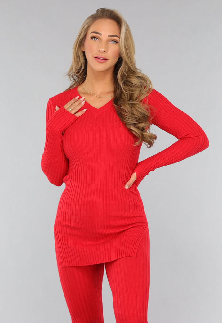 Rode Ribstof Longsleeve Co Ord Set