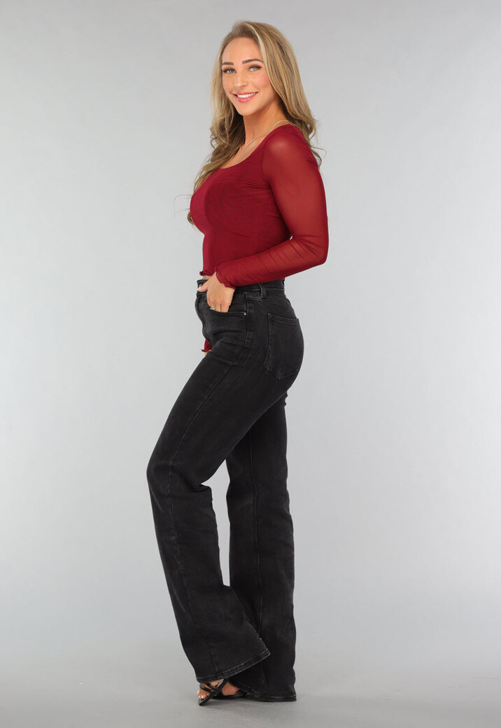 Rode See Through Top met Lange Mouwen