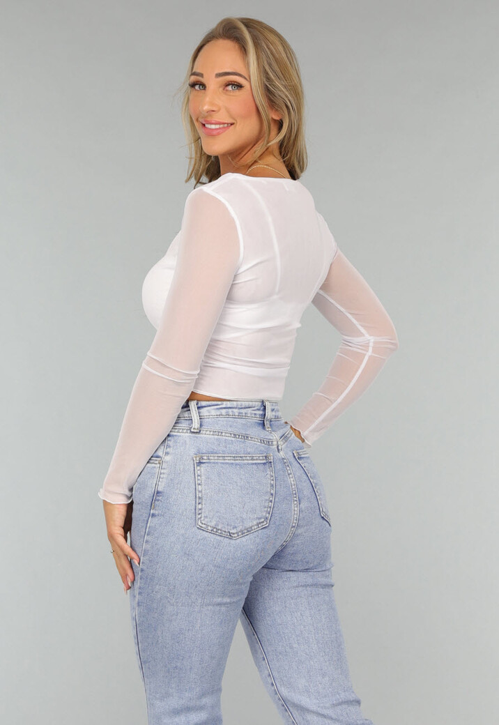 Witte Longsleeve Mesh Crop Top