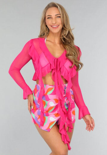 NEW2808 Fuchsia Mesh Cover Up Top met Ruches