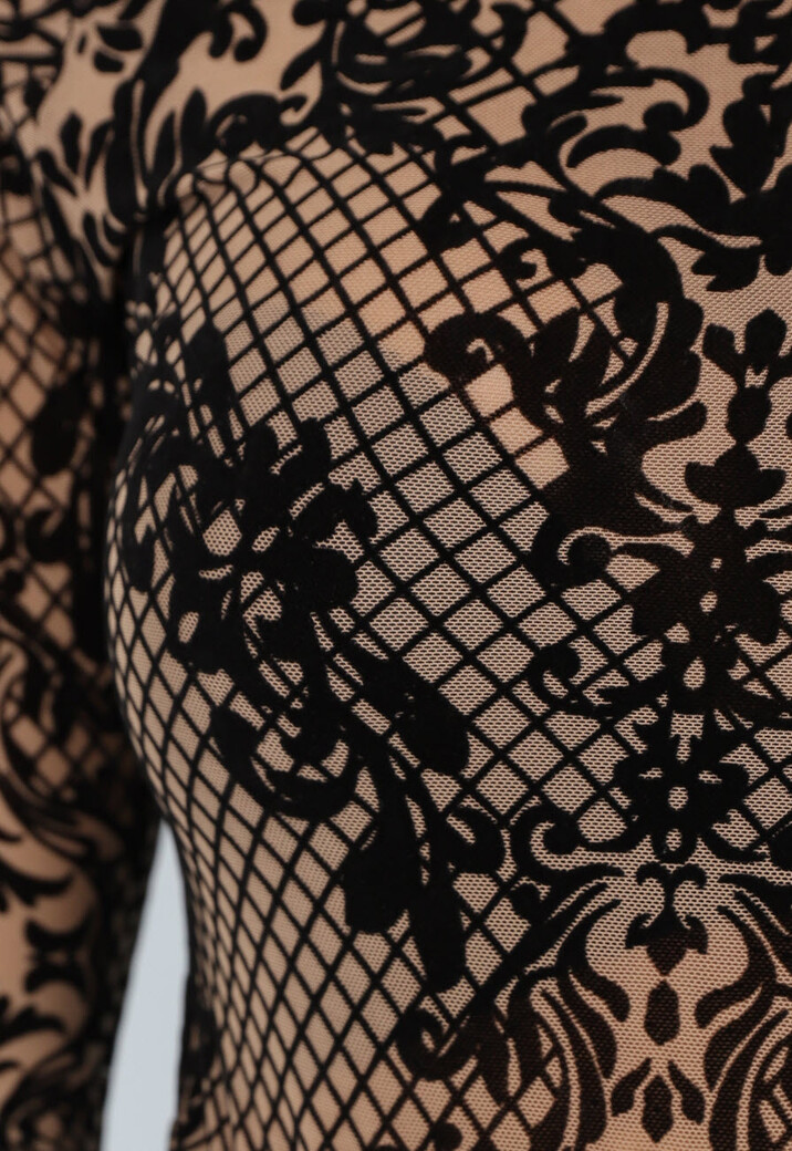 Nude Mesh Bodysuit met Paisley Print