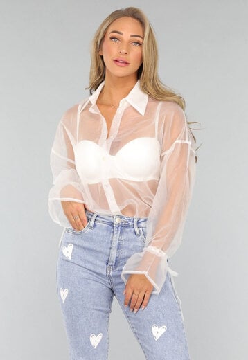 NEW2808 Witte See Through Blouse met Strikdetails