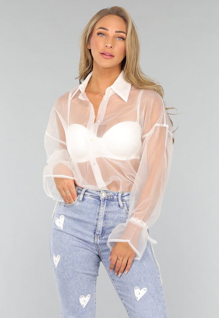 Witte See Through Blouse met Strikdetails