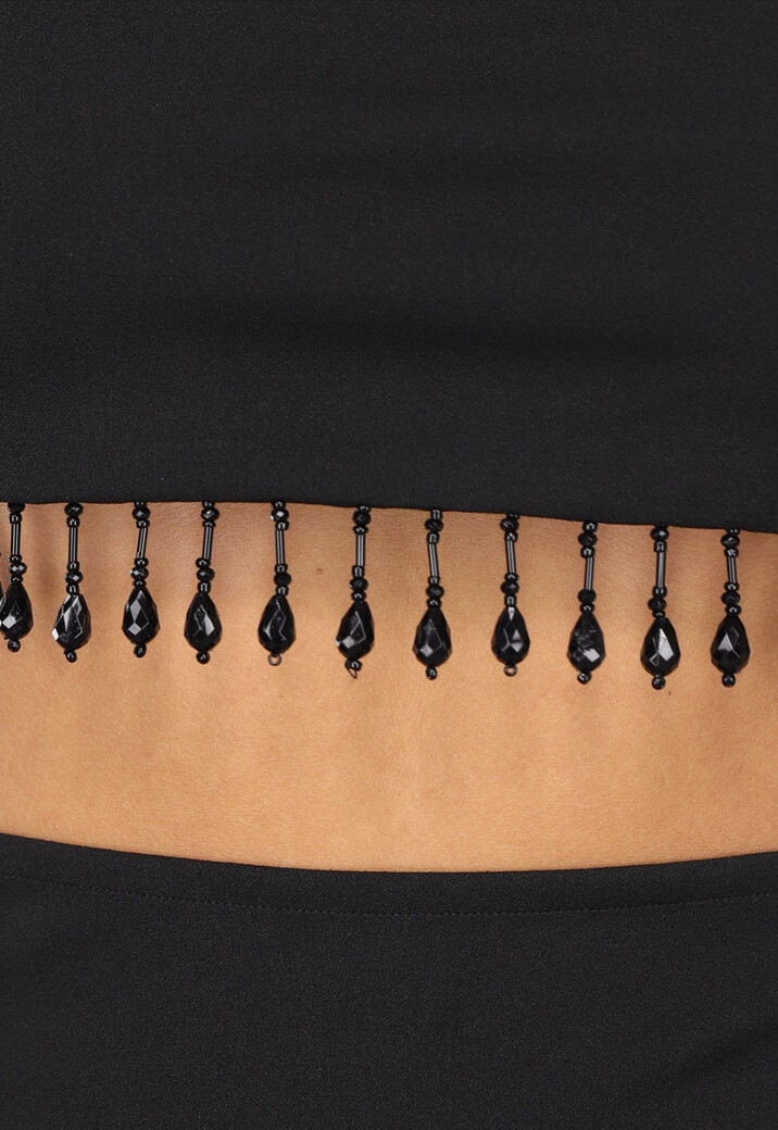 Zwarte Lange Halter Jurk met Strass Fringe