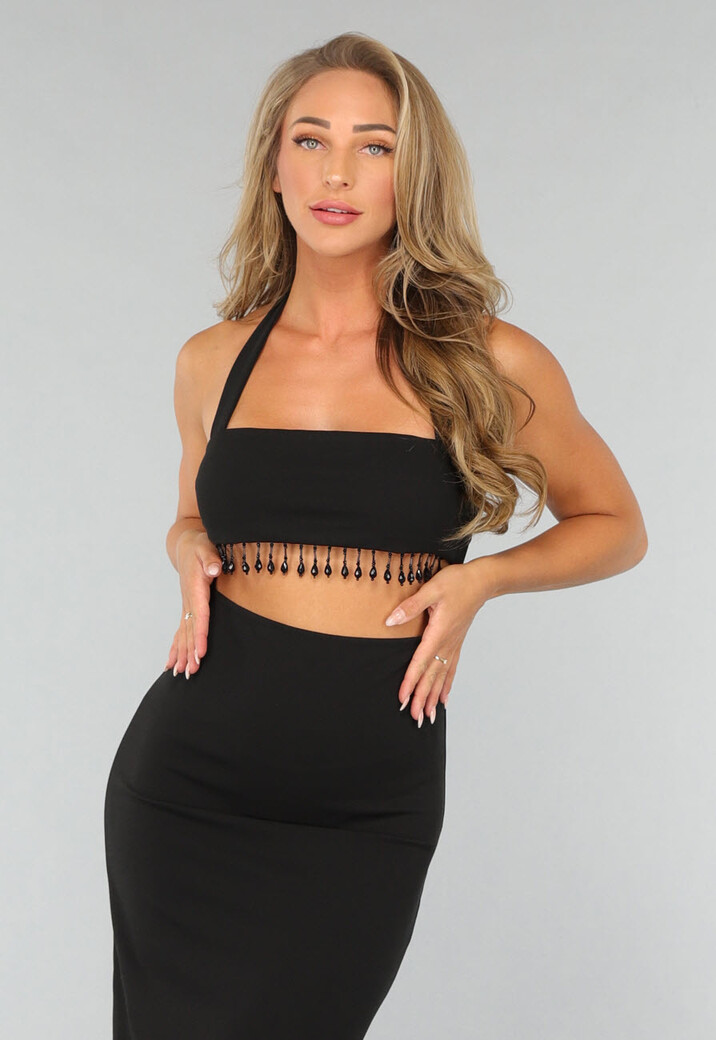 Zwarte Lange Halter Jurk met Strass Fringe