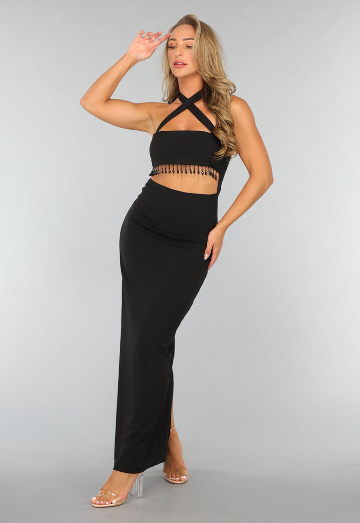 Zwarte Lange Halter Jurk met Strass Fringe