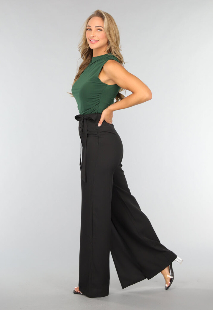 Zwarte Wide Leg Overslag Pantalon met Strikdetail