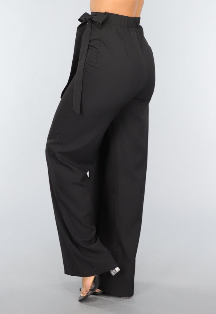 Zwarte Wide Leg Overslag Pantalon met Strikdetail