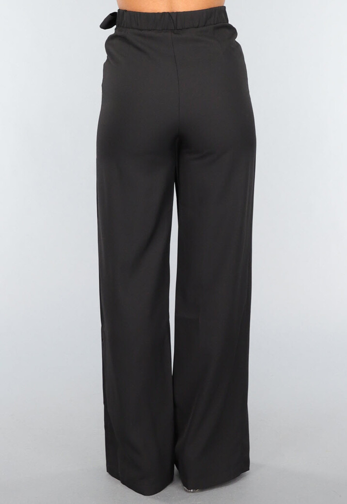 Zwarte Wide Leg Overslag Pantalon met Strikdetail