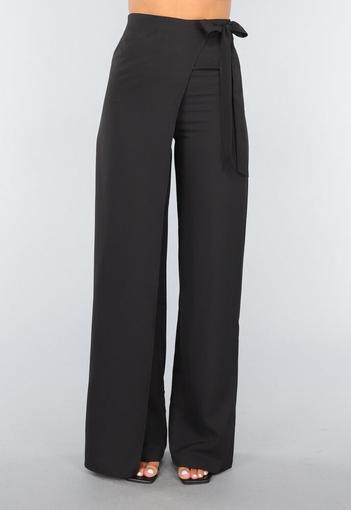 Zwarte Wide Leg Overslag Pantalon met Strikdetail