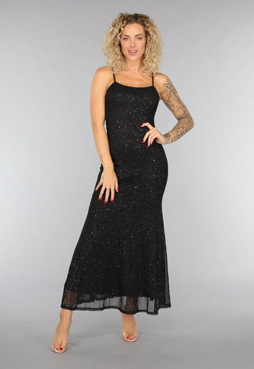 NEW0708 Zwarte Glitter Maxi Jurk met Wijde Rok