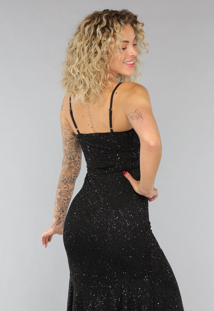 Zwarte Glitter Maxi Jurk met Wijde Rok