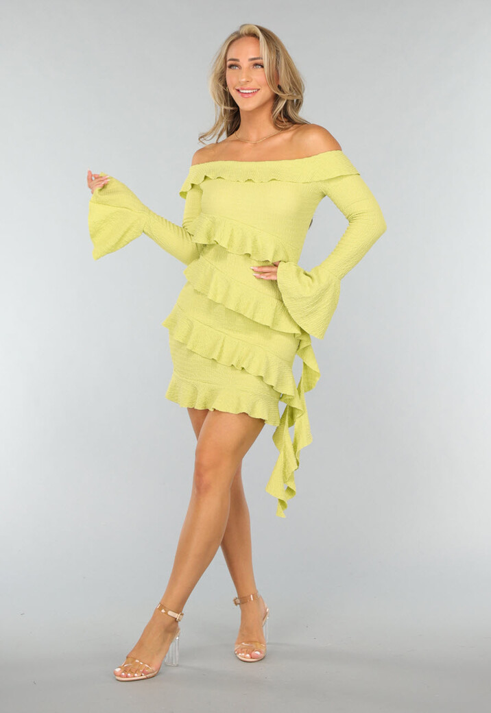 Limoen Groene Off Shoulder Ruffle Jurk