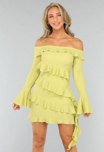 Limoen Groene Off Shoulder Ruffle Jurk