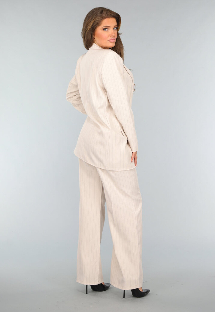 Beige Halflange Blazer met Streepjes Patroon