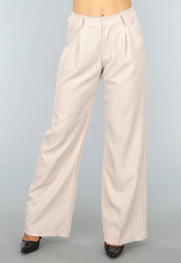 Beige Wide Leg Pantalon met Streepjes Patroon