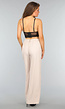 Beige Wide Leg Pantalon met Streepjes Patroon