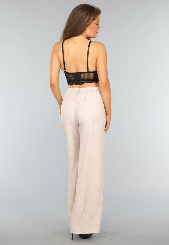 Beige Wide Leg Pantalon met Streepjes Patroon
