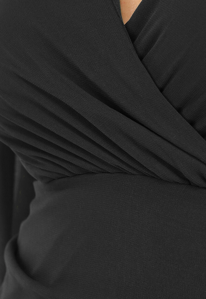 Zwart Geplooid Overslag Jurkje met Chiffon Mouwen
