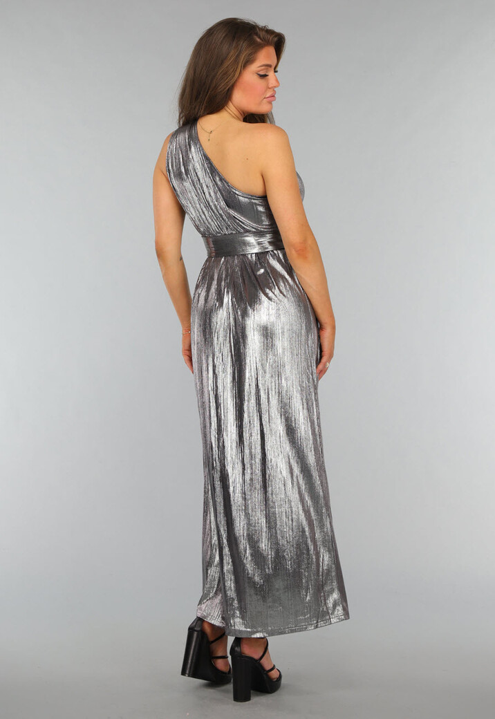 Zilveren Metallic One Shoulder Galajurk met Riem en Split