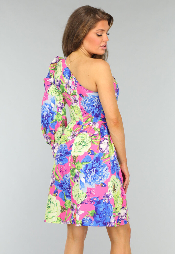 Kleurrijke One Shoulder Jurk met Bloemenprint