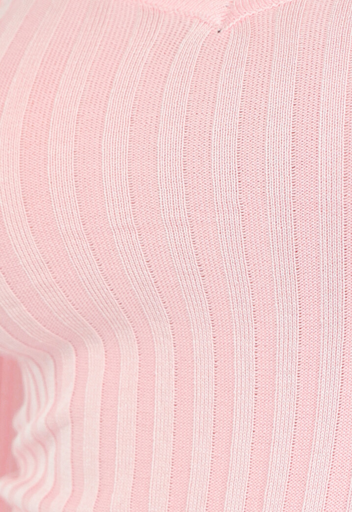 Zalmroze Ribstof Midi Jurk met V Hals