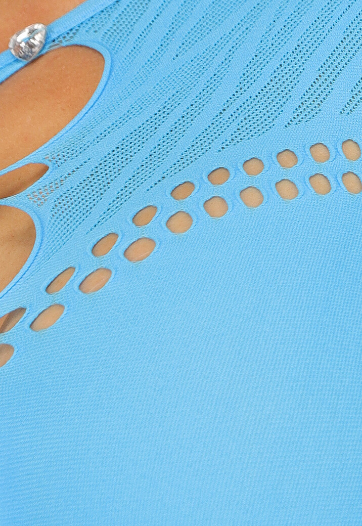 Blauwe Longsleeve Fishnet Playsuit met Glitter Steentjes