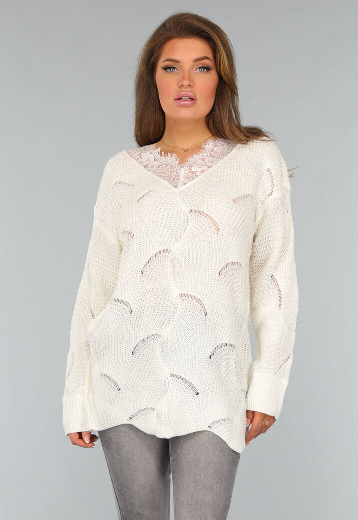 Crème Gebreide Trui met Kanten Detail