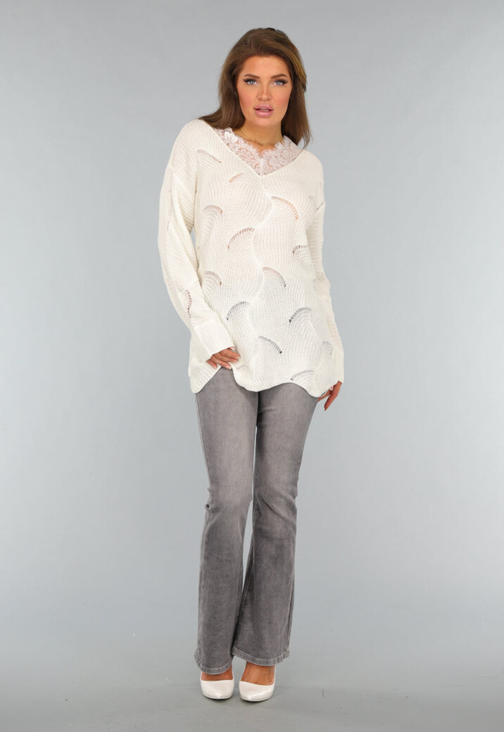 Crème Gebreide Trui met Kanten Detail