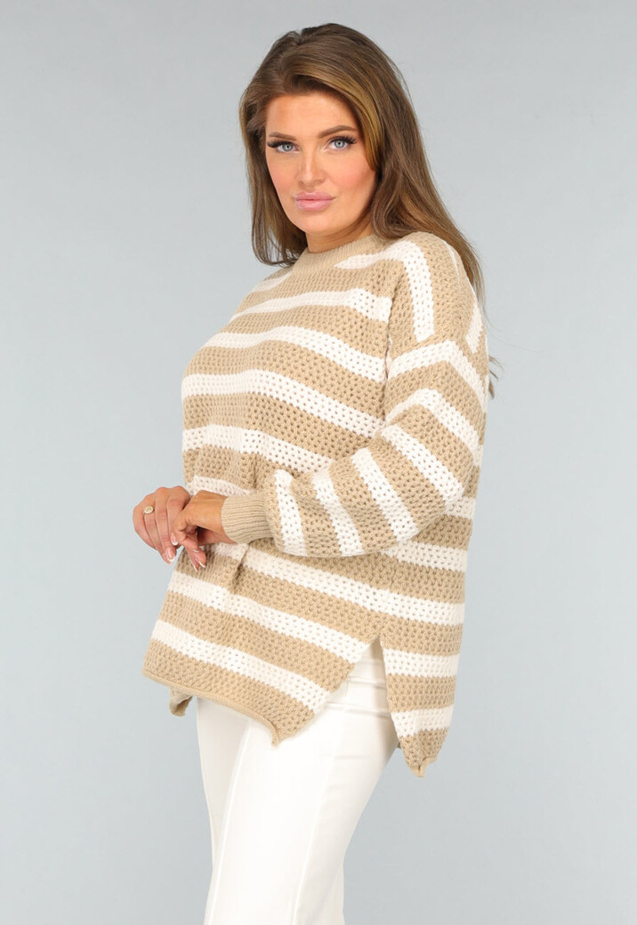 Gebreide Camel Trui met Witte Strepen