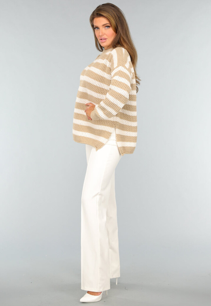 Gebreide Camel Trui met Witte Strepen
