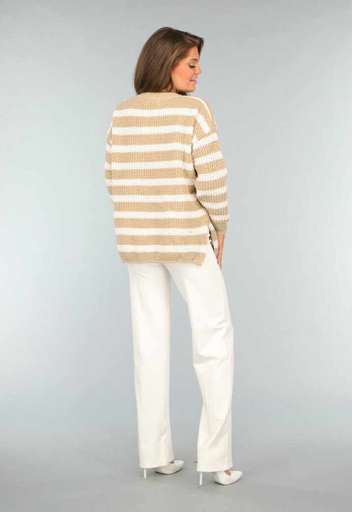 Gebreide Camel Trui met Witte Strepen