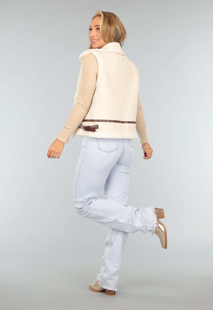 Beige Gilet met Teddy Voering en Gesp Details