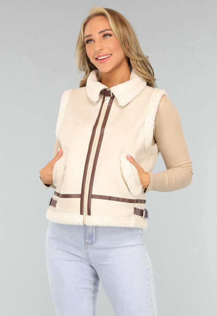 Beige Gilet met Teddy Voering en Gesp Details