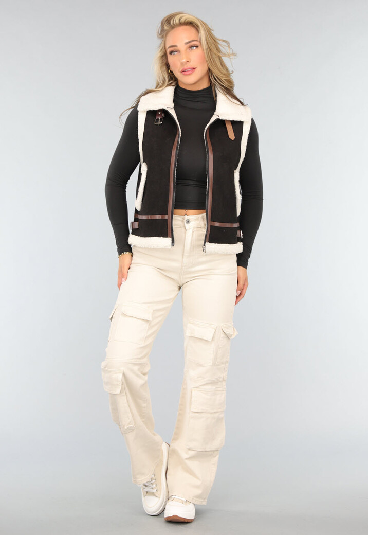 Zwarte Bodywarmer met Beige Teddy Voering