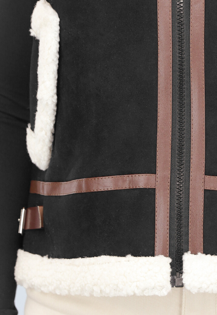 Zwarte Bodywarmer met Beige Teddy Voering