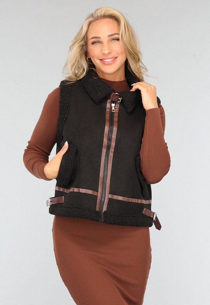 Zwart Teddy Gilet met Gesp Details