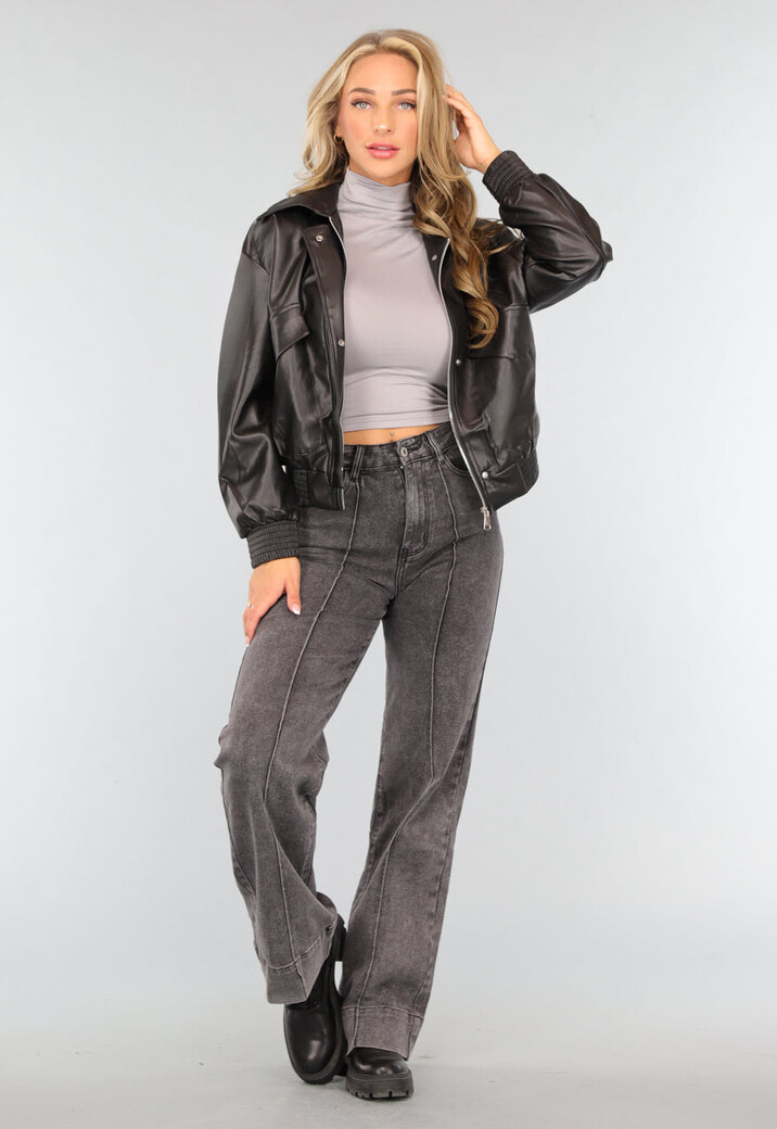 Zwart Oversized Lederlook Bomberjack