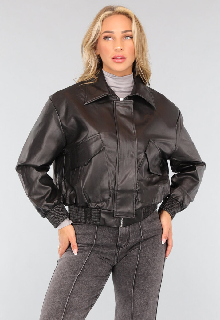 Zwart Oversized Lederlook Bomberjack