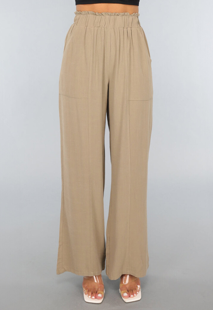 Taupe Linnenlook Broek met Wijde Pijpen