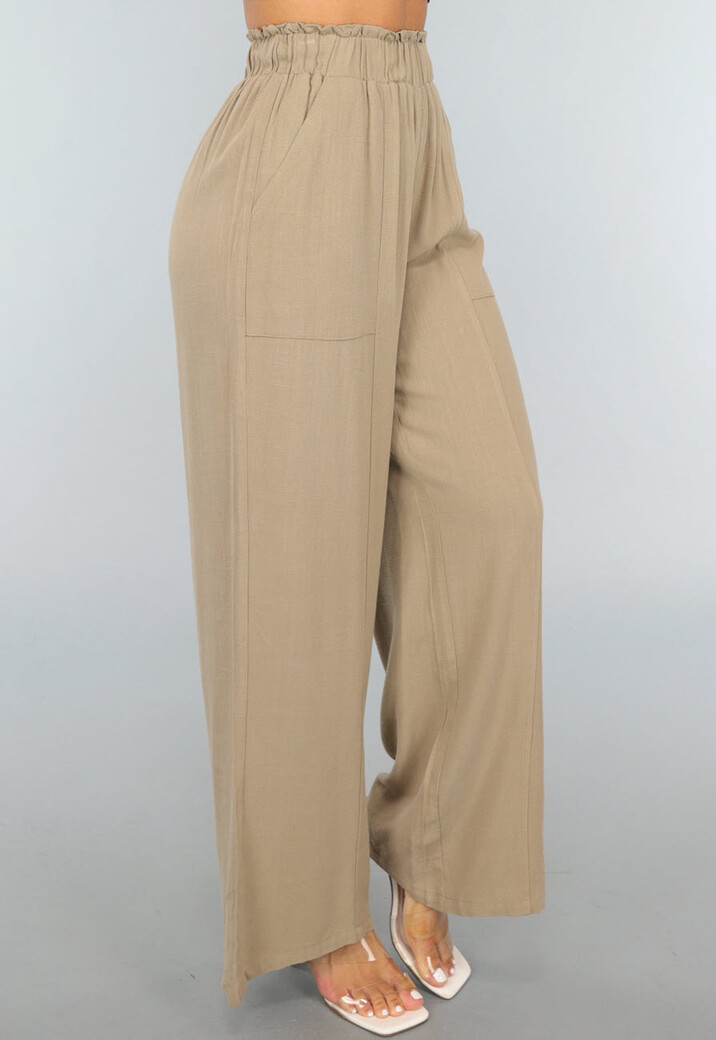Taupe Linnenlook Broek met Wijde Pijpen