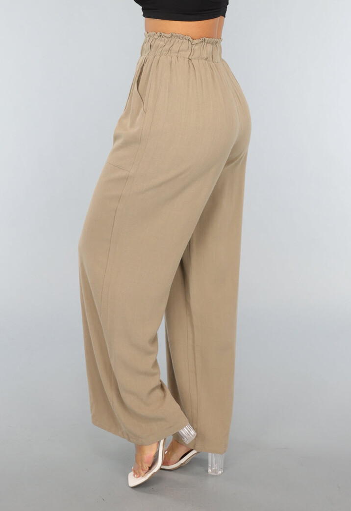 Taupe Linnenlook Broek met Wijde Pijpen