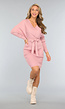 Lichtroze Rib Overslag Jurkje met Tailleband