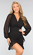 Zwart Geplooid Overslag Jurkje met Chiffon Mouwen