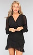 Zwart Geplooid Overslag Jurkje met Chiffon Mouwen