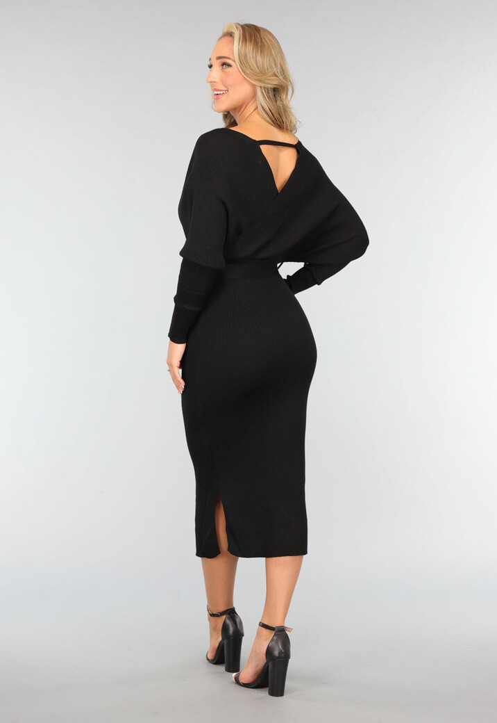 Zwarte Rib Midi Jurk met Tailleband
