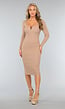 Beige Ribstof Bodycon Jurk met Gouden Detail